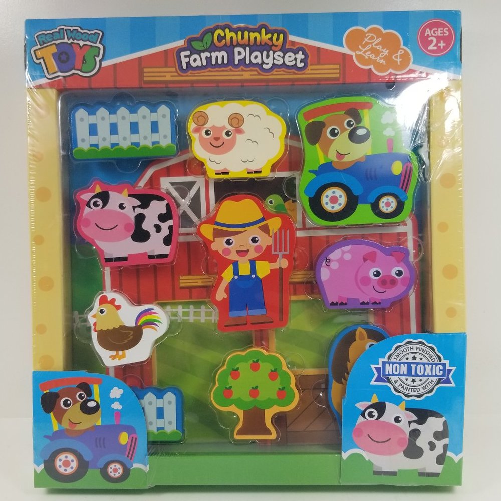 Chunky Farm playset Real; Wood Toy's smooth finish and non-toxic 11 pieces age
